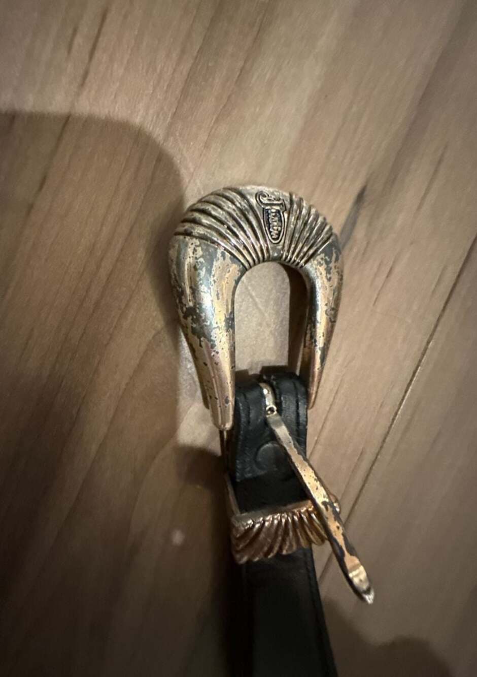 Justin Vintage Western Leather Belt with Silver and Gold Tone Buckle Size 28